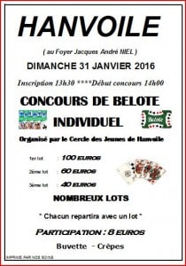 Affiche du Tournoi de belotte le 31 janvier 2016 à Hanvoile