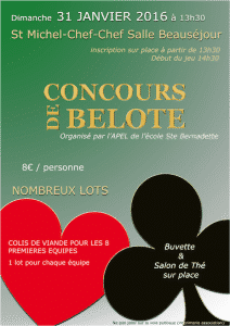 Affiche du tournoi de belote le 31 janvier 2016 à St Michel Chef Chef