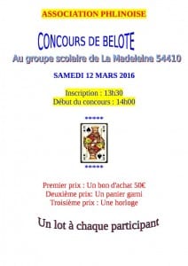 Affiche Concours de belote le 12 Mars 2016 à La Madeleine 54410