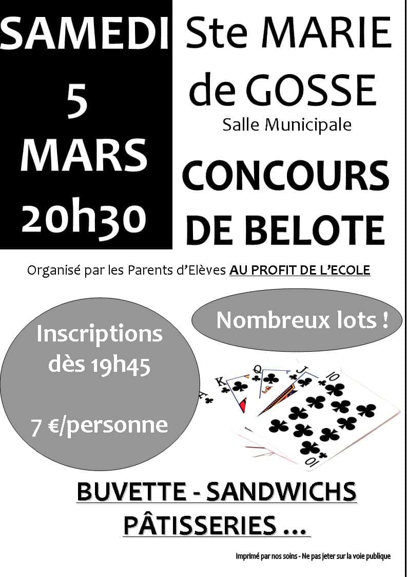 Affiche Concours de belote le samedi 5 mars 2016 à Sainte Marie de Gosse (40390)