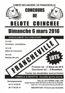 Affiche du concours de belote coinchée le 6 mars 2016 à Francheville Rhone