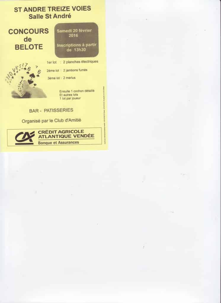 affiche Concours de Belote le 20 Février 2016 à St André Treize Voies 85