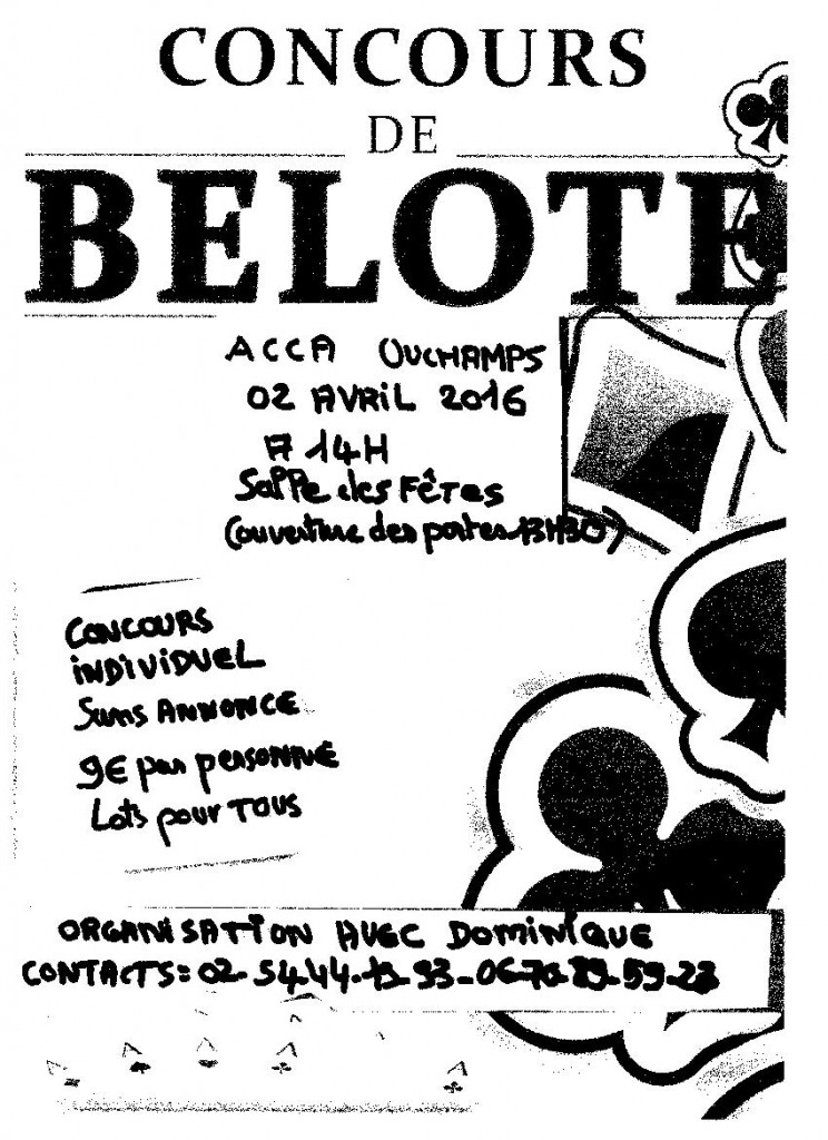 Affiche du concours de belote le 2 avril 2016 à Ouchamps - Loir & Cher
