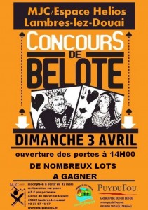 Affiche du concours de belote Dimanche 3 avril 2016 à Lambres-Lez-Douai