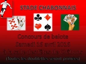 Affiche Tournoi de belote le 16 avril 2016 à Châbons (38) Isère
