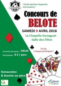 Affiche du Concours de belote samedi 9 avril 2016 à La Chapelle Gonaguet 24