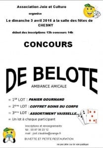 affiche du concours de belote le 3 avril 2016 à Chesny - Moselle