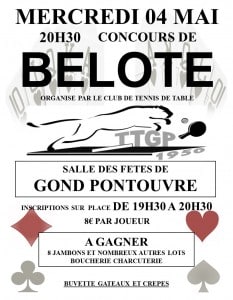 affiche Tournoi de belote mercredi 4 mai 2016 à Gond Pontouvre - Charente