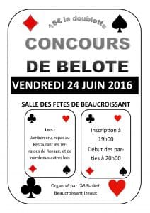 Affiche du tournoi de belote le 24 juin 2016 à Beaucroissant