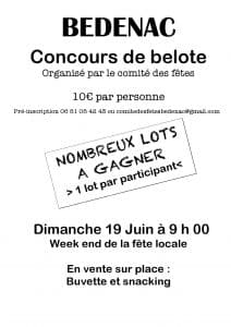 Affiche du Concours de belote le 19 juin 2016 à Bedenac (17)