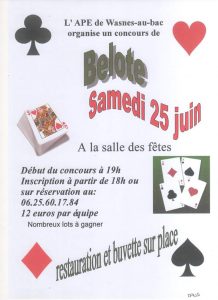 Affiche du Concours de belote le 25 juin 2016 à Wasnes Au Bac - Nord
