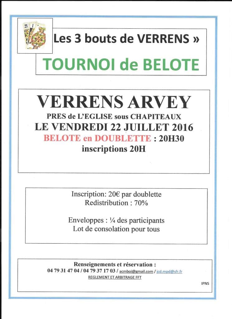 Tounoi de belote le vendredi 22 07 2016 à VERRENS ARVEY 73460
