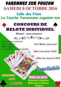 Affiche du concours de belote individuel organisé le 8 octobre 2016 à Varennes sur Fouzon dans l’Indre