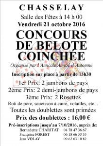Affiche du tournoi de belote organisé vendredi 21 octobre 2016 à Chasselay - Rhône
