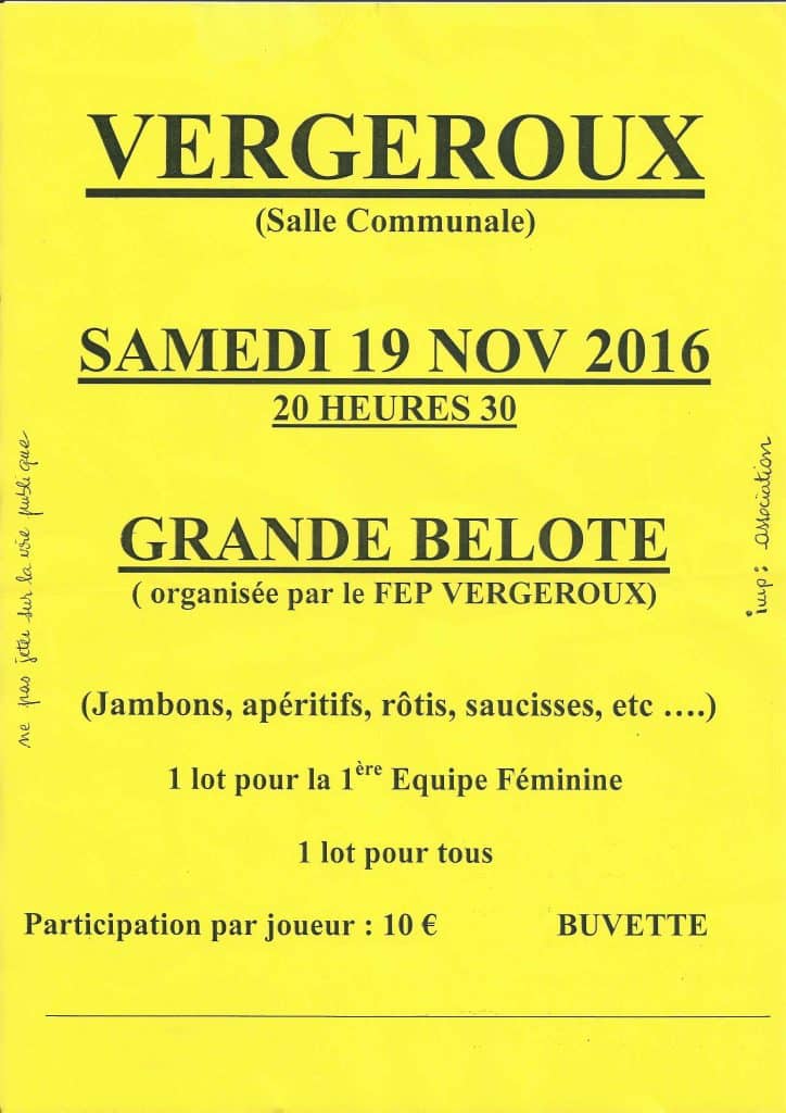 Affiche du concours de belote le 19 novembre 2016 à Vergeroux