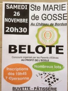 Affiche du concours de belote samedi 26 novembre 2016 à Sainte Marie de Gosse (40390)
