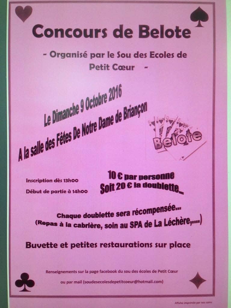affiche Tournoi de belote dimanche 9 octobre 2016 à Notre Dame de Briançon - 73