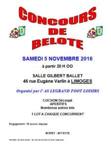 Tournoi de belote à Limoges le samedi 5 novembre 2016