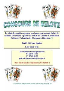 Affiche du concours de belote le 29 octobre 2016 à Ginestas 11120