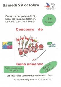 Affiche du concours de belote samedi 29 Octobre 2016 à Wavrin - 59