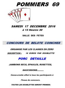 Affiche Concours de belote coinchée le 12 décembre 2016 à Pommiers