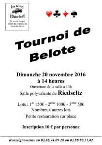 Affiche du tournoi de belote dimanche 20 novembre 2016 à 67160 Riedseltz