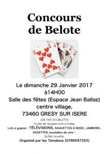 affiche tournoi de belote le dimanche 29/01/2017 à GRESY SUR ISERE 73