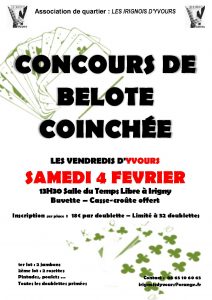 Affiche du Concours de belote coinchée le 4 février 2017 à Irigny - Rhône