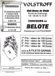 Affiche du concours de belote samedi 17 décembre 2016 à Volstroff