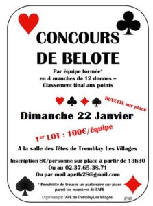 Affiche Concours de Belote le 22 janvier 2017 à Tremblay les Villages (28170)