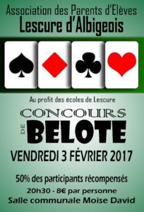 Affiche du Tournoi de belote vendredi 3 février 2017 à Lescure d'Albigeois