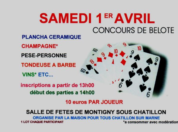Affiche Tournoi de belote le 1er avril 2017 à Montigny Sous Chatillon - 51