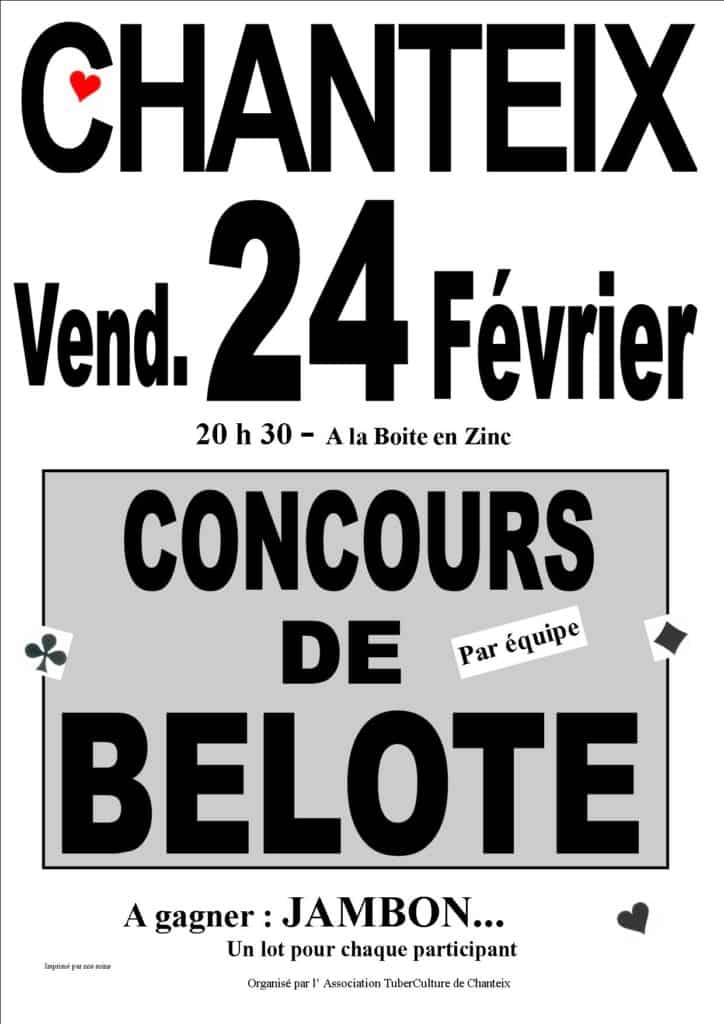 affiche concours de belote le 24 février 2017 à Chanteix - Corrèze