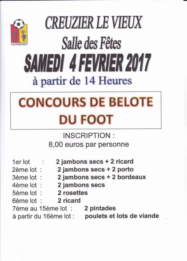 Affiche Tournoi de belote le 4 février 2017 à Creuzier Le Vieux - Allier