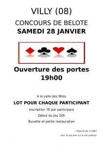 Affiche Tournoi de belote samedi 28 janvier 2017 à Villy - Ardennes