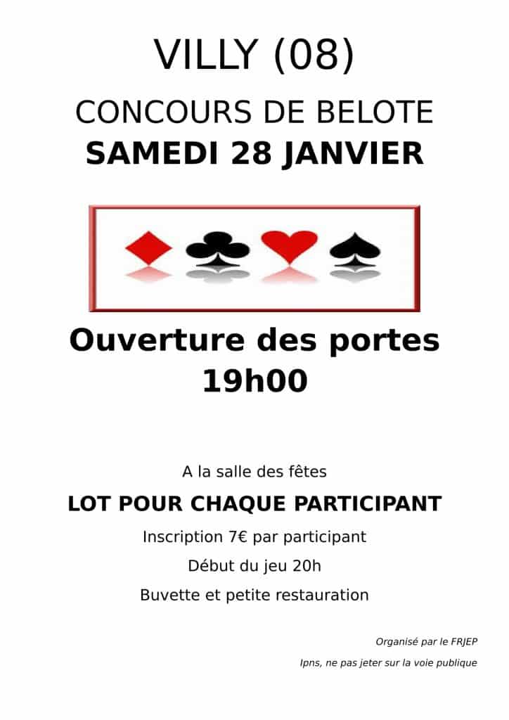 Affiche Tournoi de belote samedi 28 janvier 2017 à Villy - Ardennes
