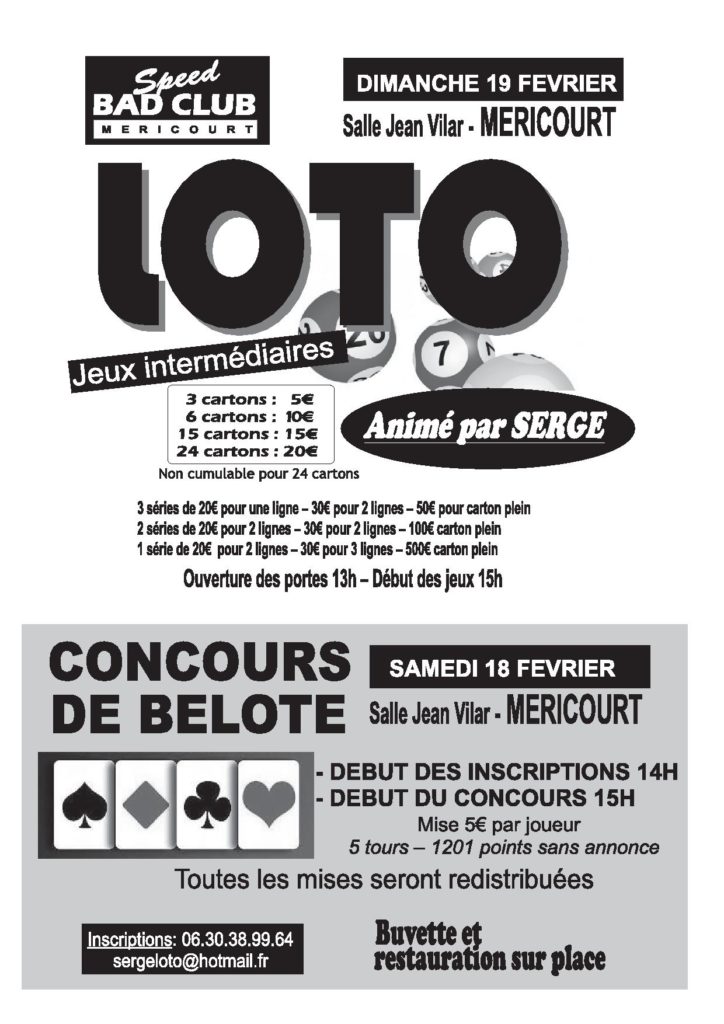 Affiche Tournoi de belote samedi 18 février 2017 à Méricourt - Pas de Calais