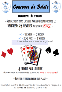 Affiche Tournoi de belotes le 24 février 2017 au stade Jean Madrak Fc Nérondes