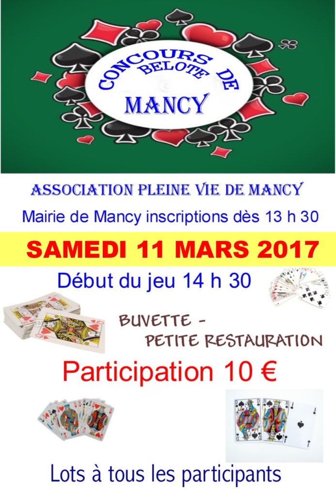 Affiche Tournoi de belote le 11 mars 2017 à Mancy - Marne