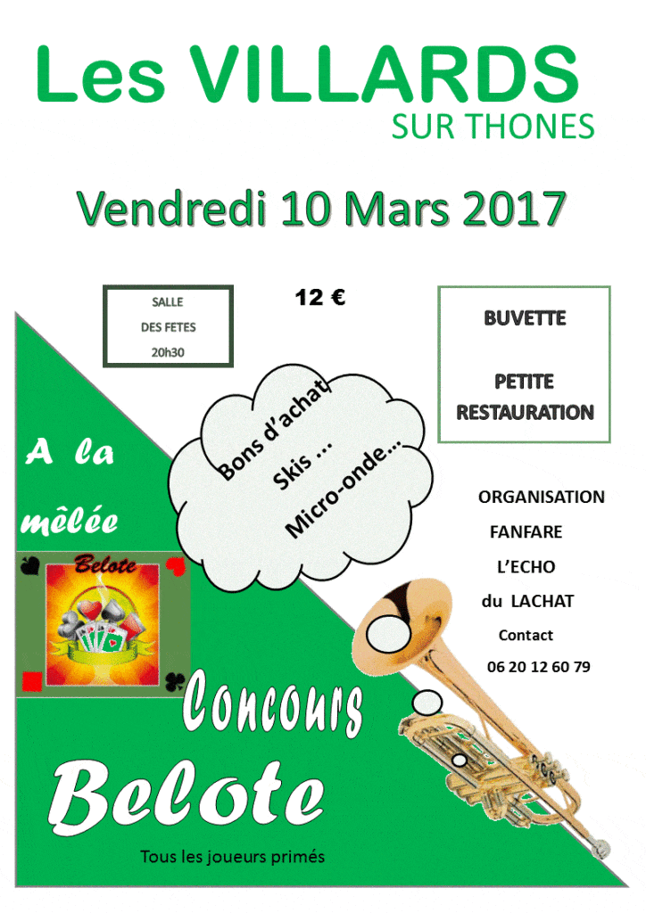Affiche du concours de belote vendredi 10 mars 2017 aux VILLARDS SUR THONES (74)