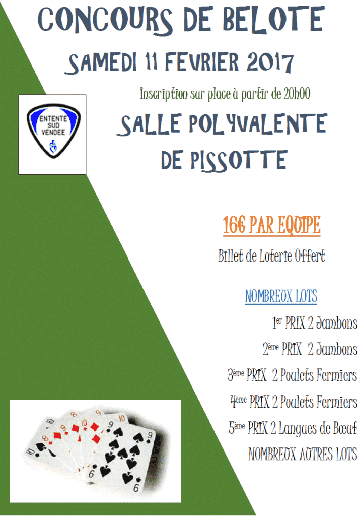 Affiche du Concours de belote samedi 11 fevrier 2017 à Pissotte