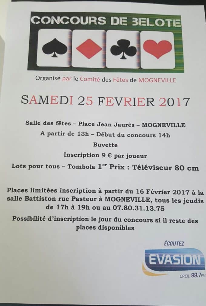 Affiche du Concours de belote samedi 25 février 2017 à Mogneville - Oise
