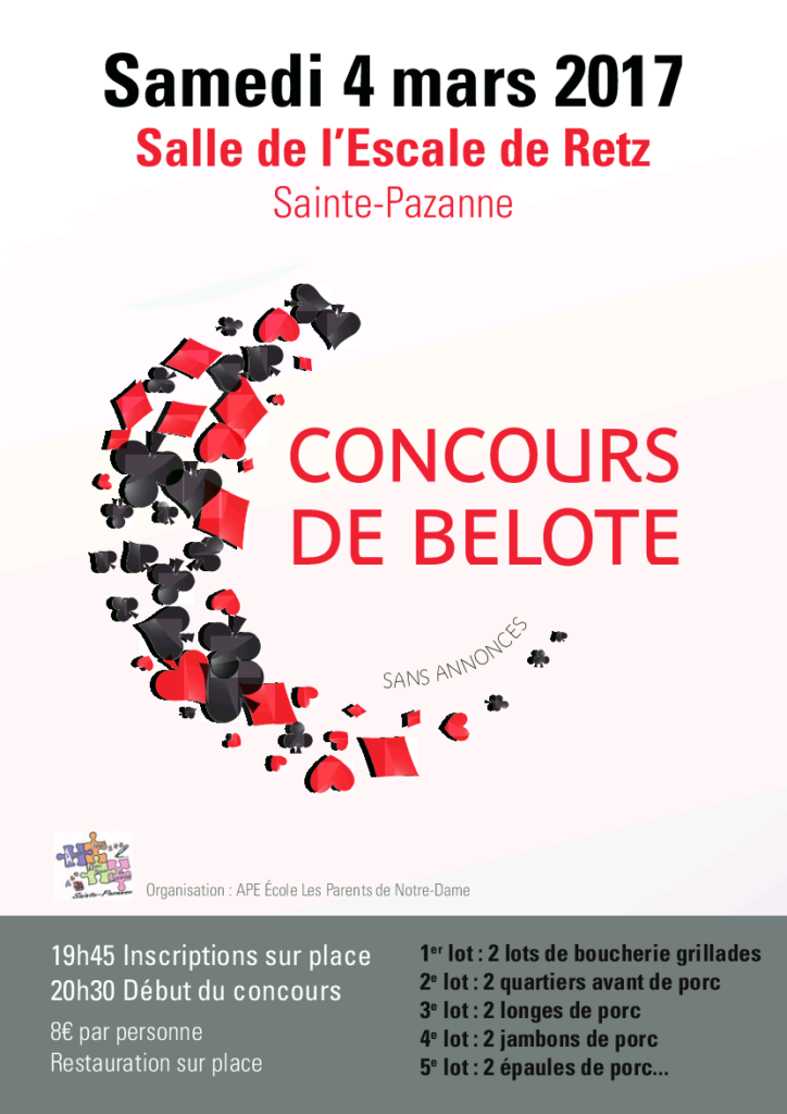 Affiche du Tournoi de belote le 4 mars 2017 à Sainte-Pazanne