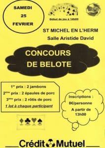 Affiche du concours de belote samedi 25 février 2017 à Saint Michel en l'Herm
