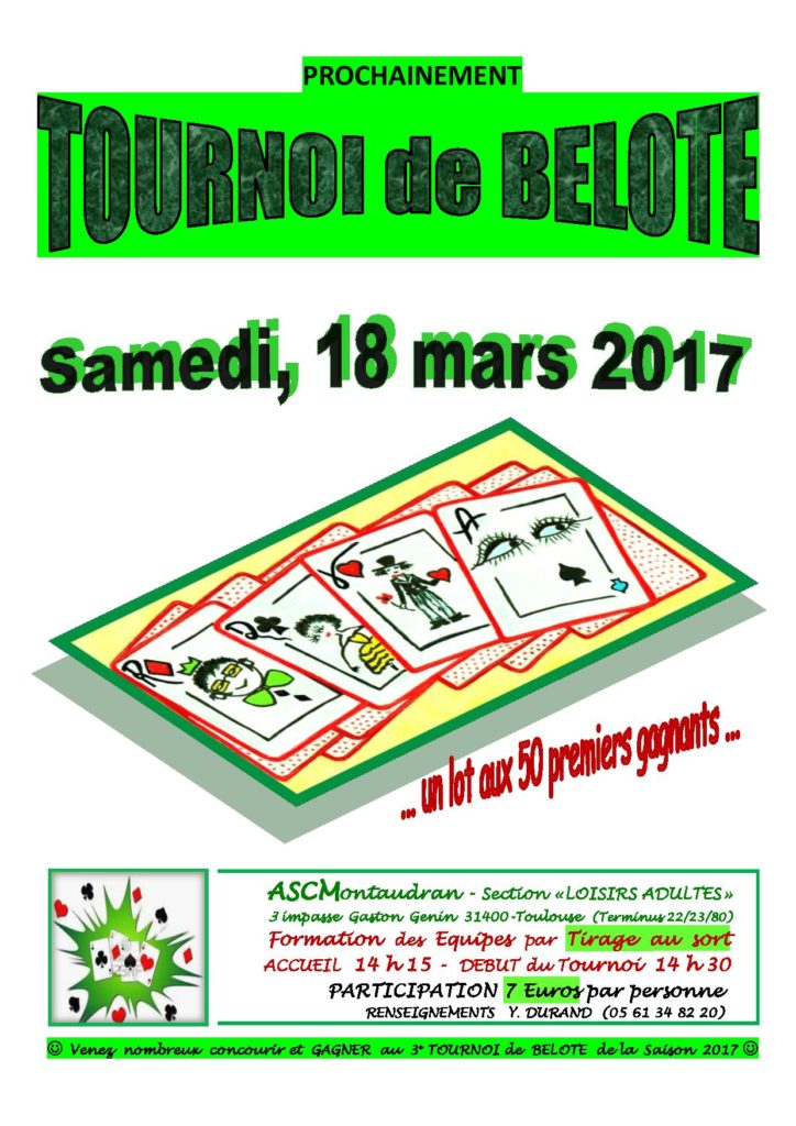 Affiche Tournoi de belote le 18 mars 2017 à Toulouse Montaudran