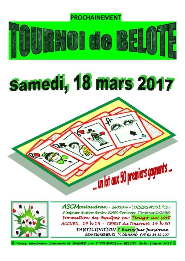 Affiche Tournoi de belote le 18 mars 2017 à Toulouse Montaudran