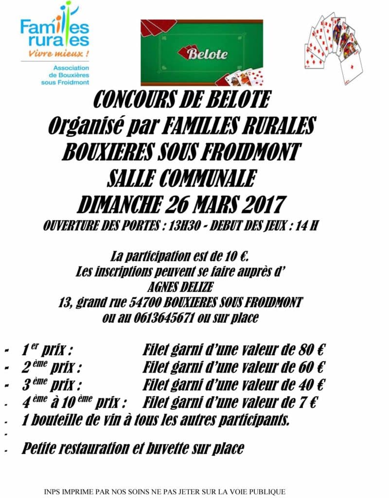 Affiche concours de belote dimanche 26 mars 2017 à Bouxieres sous Froidmont 54700